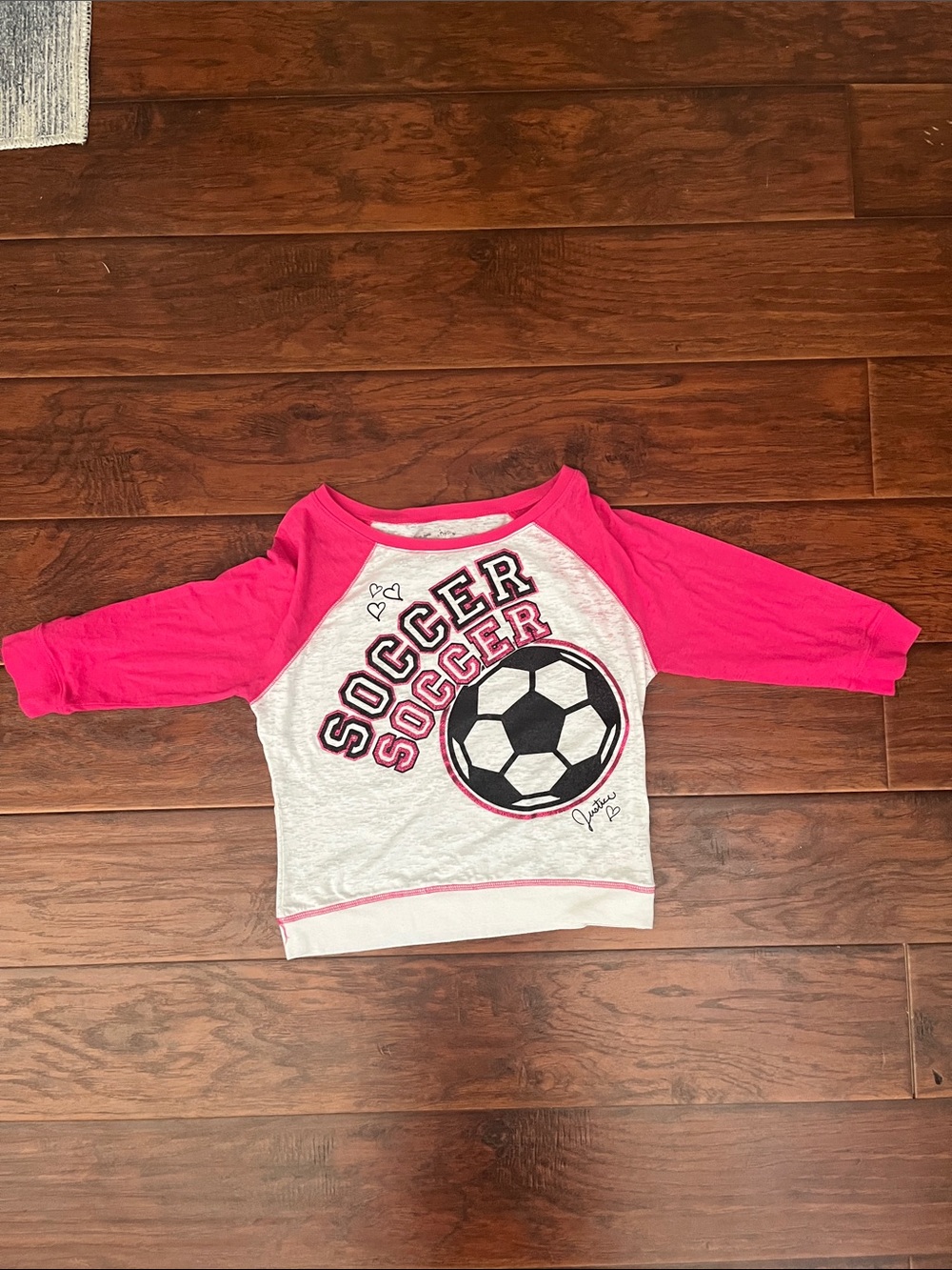 Justice Pink & White Soccer Raglan Top